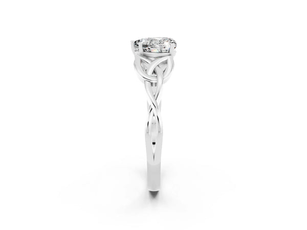 Silver Heart Cut Moissanite Solitaire Engagement Ring with Celtic Knot Band and Four-Prong Setting