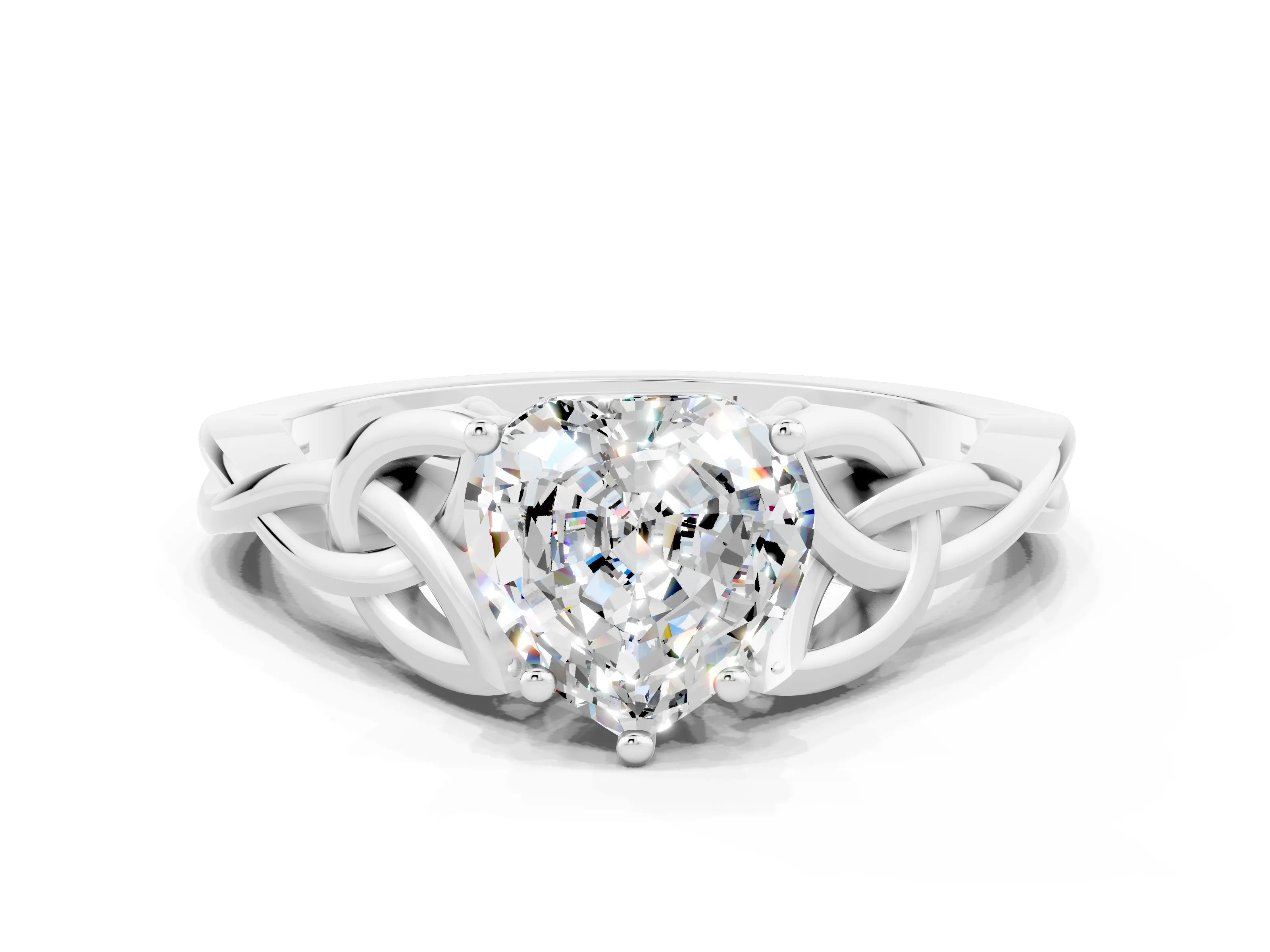 White gold Heart Cut Moissanite Solitaire Engagement Ring with Celtic Knot Band and Four-Prong Setting