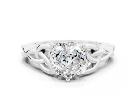White gold Heart Cut Moissanite Solitaire Engagement Ring with Celtic Knot Band and Four-Prong Setting
