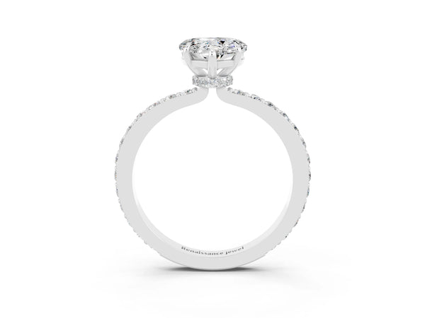 Platinum Heart Cut Moissanite Solitaire Engagement Ring with Pavé Band and Four-Prong Setting