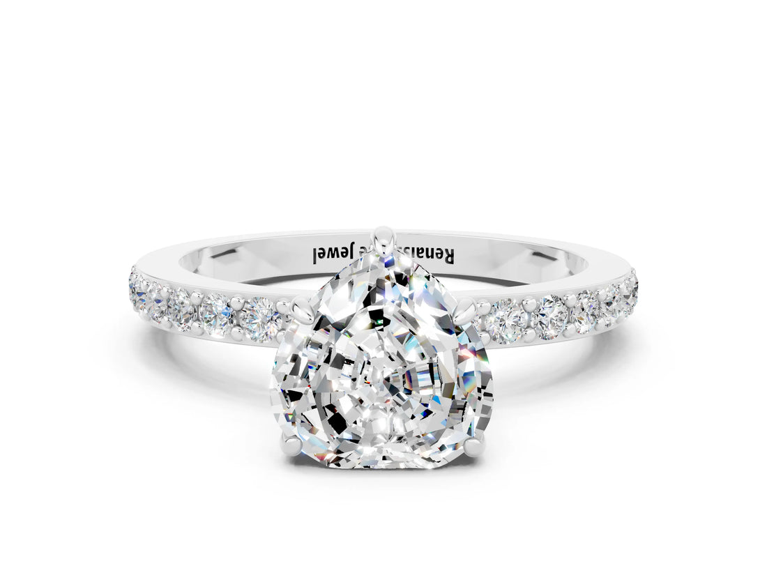 White gold Heart Cut Moissanite Solitaire Engagement Ring with Pavé Band and Four-Prong Setting