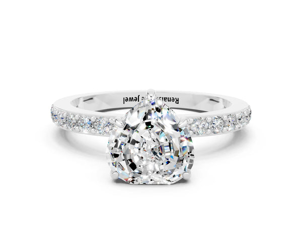 Silver Heart Cut Moissanite Solitaire Engagement Ring with Pavé Band and Four-Prong Setting