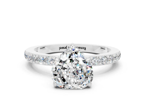 White gold Heart Cut Moissanite Solitaire Engagement Ring with Pavé Band and Four-Prong Setting