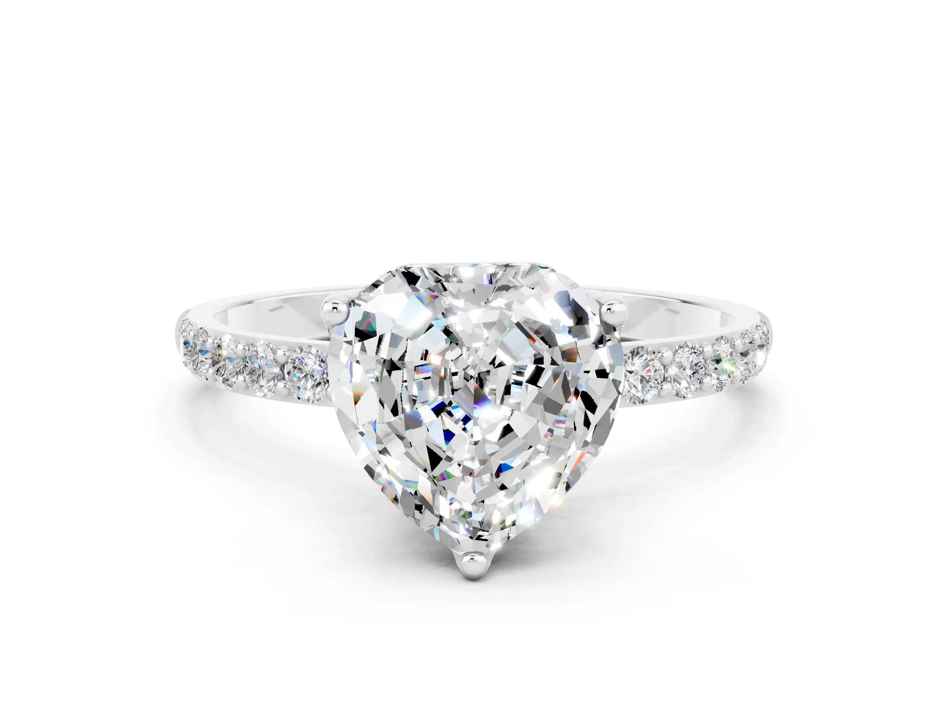 White gold Heart Cut Moissanite Solitaire Engagement Ring with Pavé Band and Prong Setting