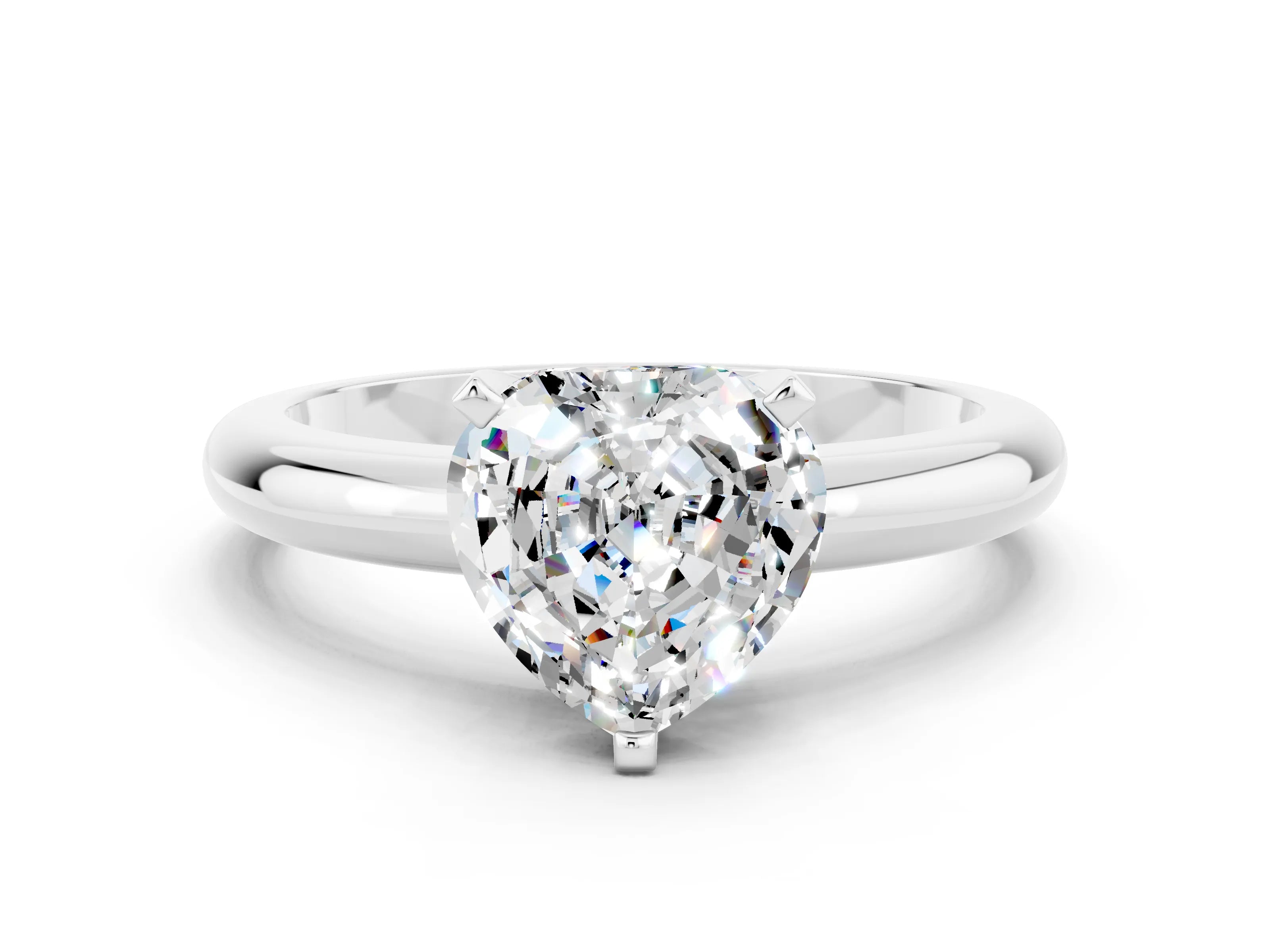 White gold Heart Cut Moissanite Solitaire Engagement Ring with Round Band and Four-Prong Setting
