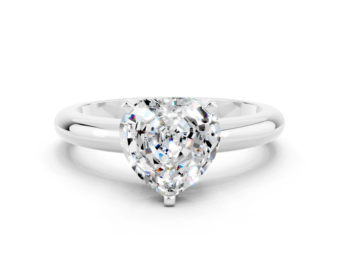 White gold Heart Cut Moissanite Solitaire Engagement Ring with Round Band and Four-Prong Setting