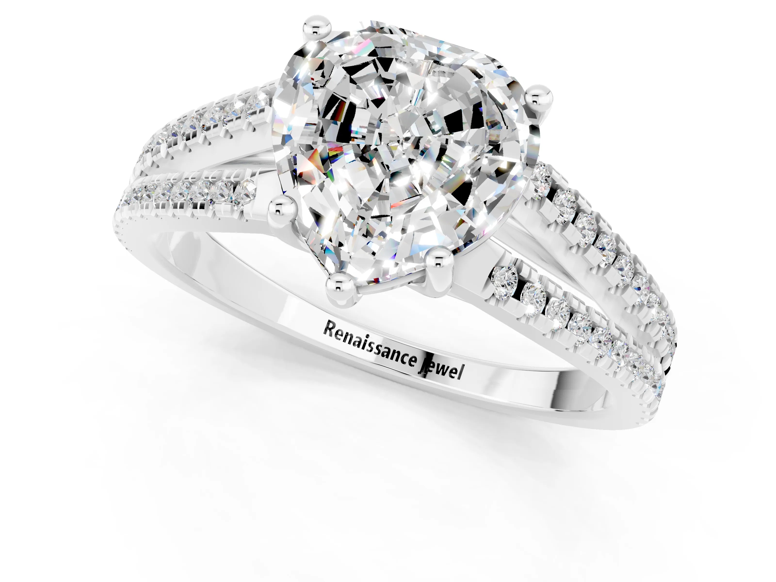 White gold Heart Cut Moissanite Solitaire Engagement Ring with Split Shank Pavé Band_1