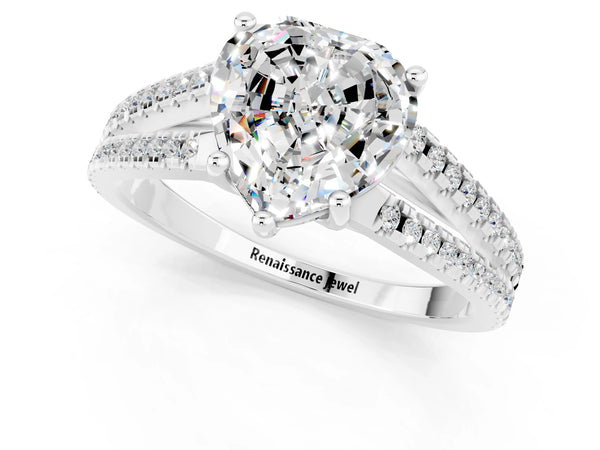 Silver Heart Cut Moissanite Solitaire Engagement Ring with Split Shank Pavé Band