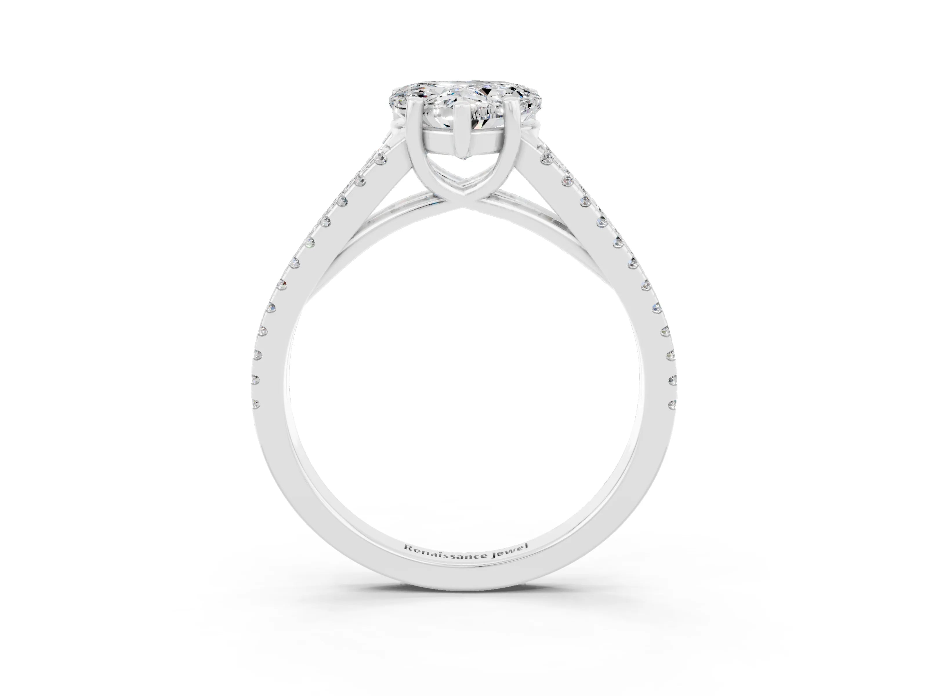 White gold Heart Cut Moissanite Solitaire Engagement Ring with Split Shank Pavé Band_3
