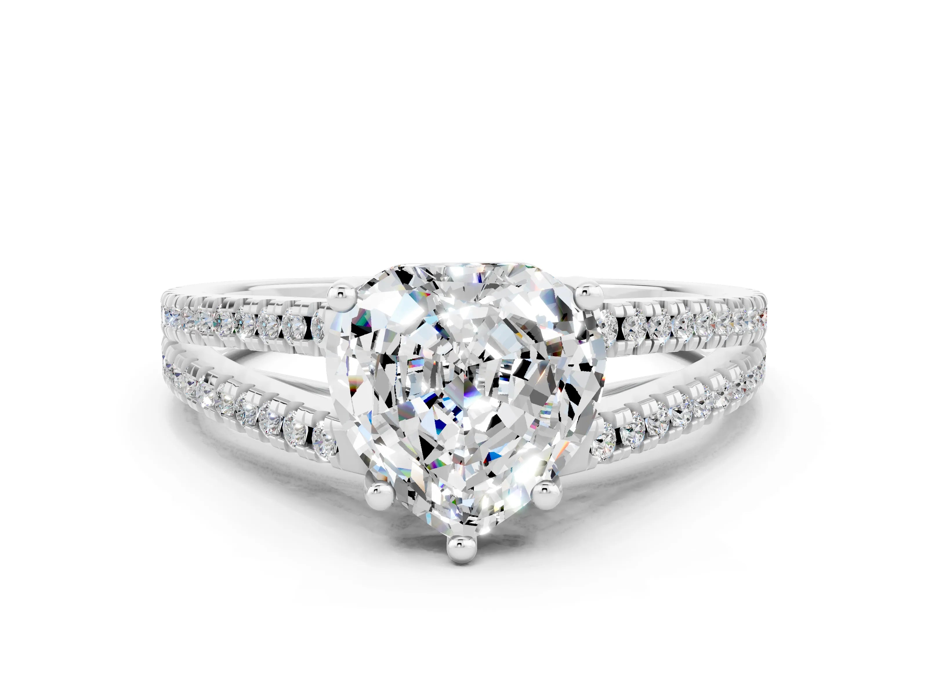 White gold Heart Cut Moissanite Solitaire Engagement Ring with Split Shank Pavé Band
