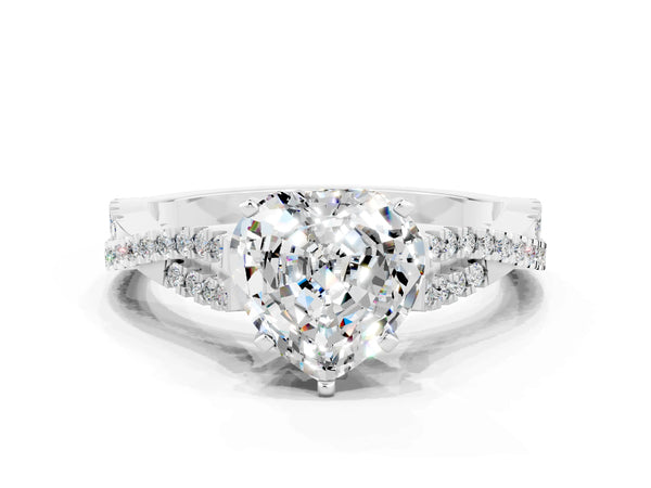 Platinum Heart Cut Moissanite Solitaire Engagement Ring with Twisted Pavé Band and Four-Prong Setting