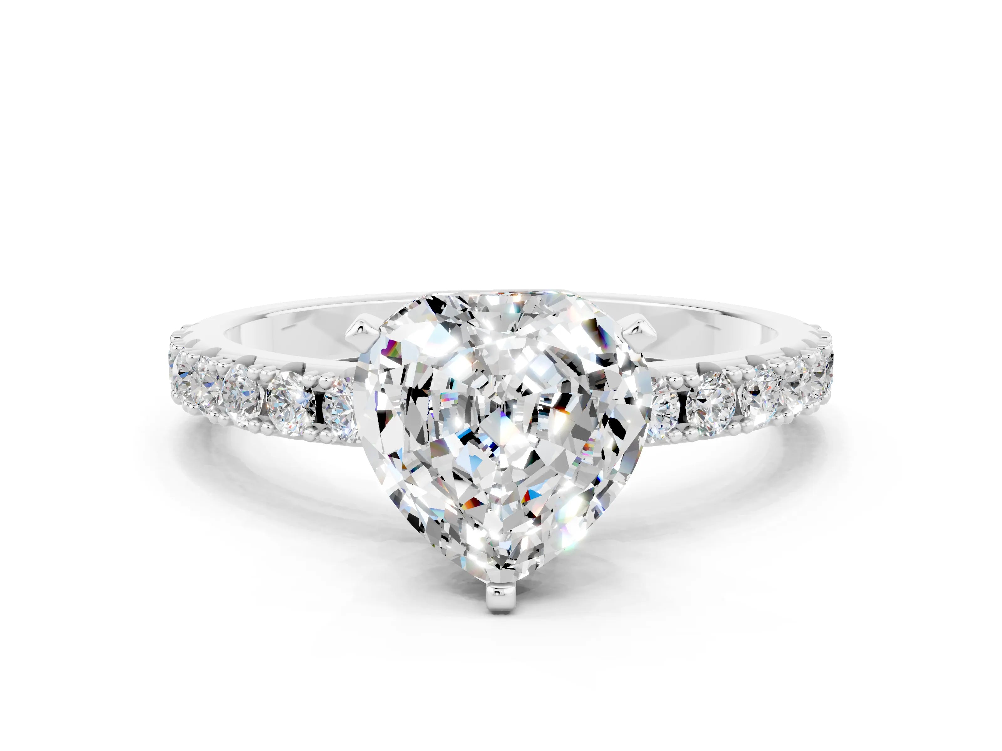 White gold Heart Cut Moissanite Solitaire Pavé Band with Four-Prong Setting
