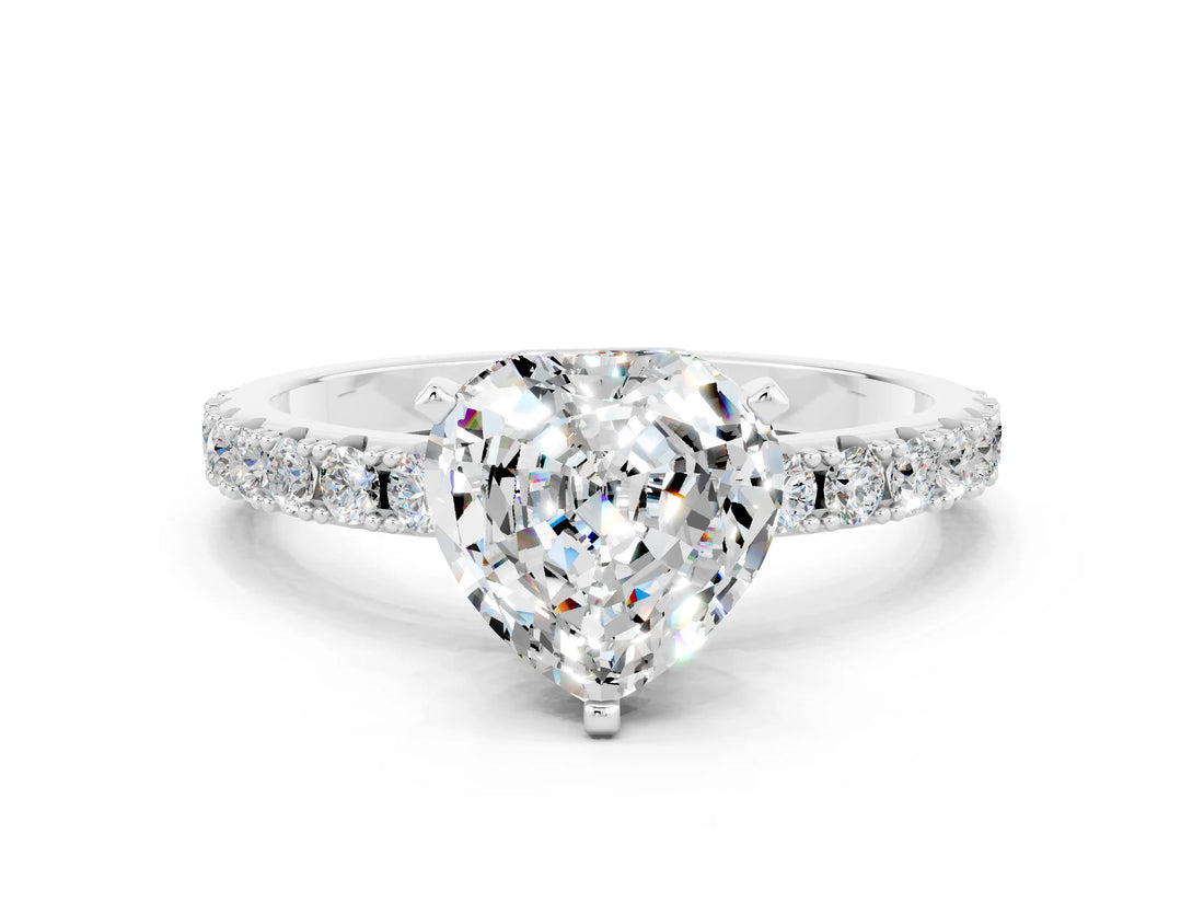 White gold Heart Cut Moissanite Solitaire Pavé Band with Four-Prong Setting