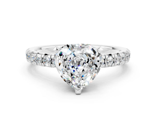 Silver Heart Cut Moissanite Solitaire Pavé Engagement Ring with Round Band and Prong Setting