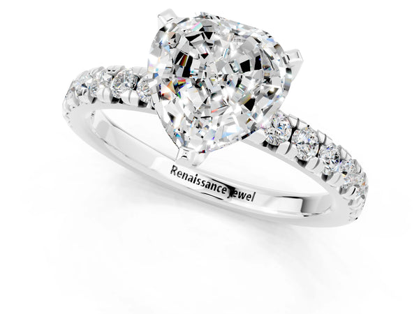 Platinum Heart Cut Moissanite Solitaire Pavé Engagement Ring with Round Band and Prong Setting
