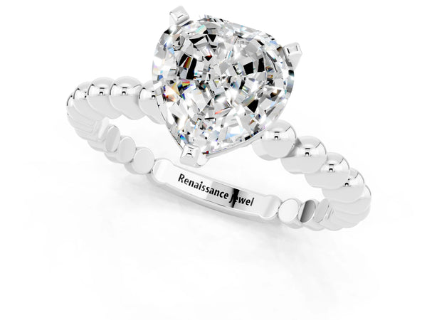 Platinum Heart Cut Moissanite Solitaire Ring with Beaded Band and Prong Setting