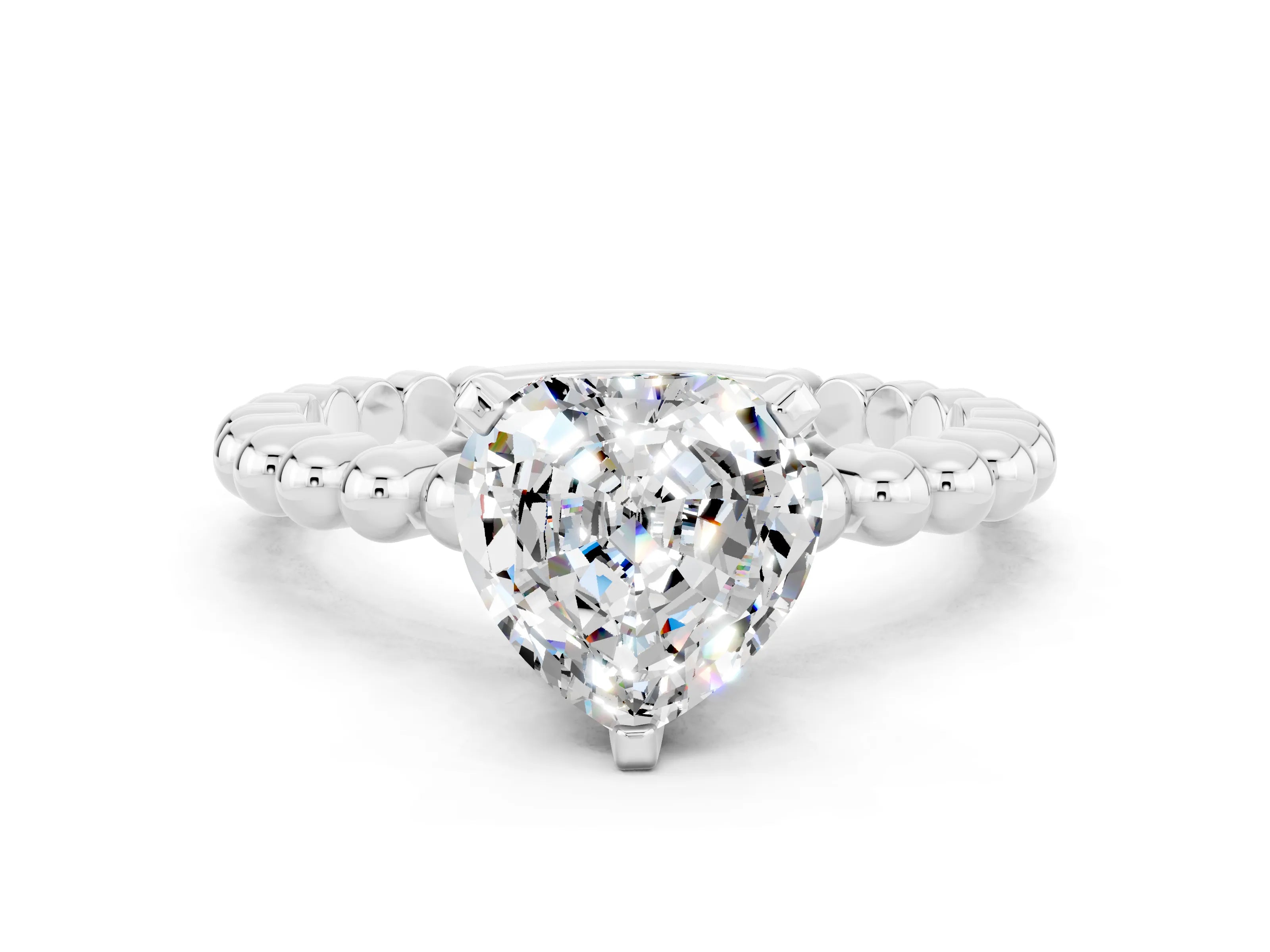 White gold Heart Cut Moissanite Solitaire Ring with Beaded Band and Prong Setting_12