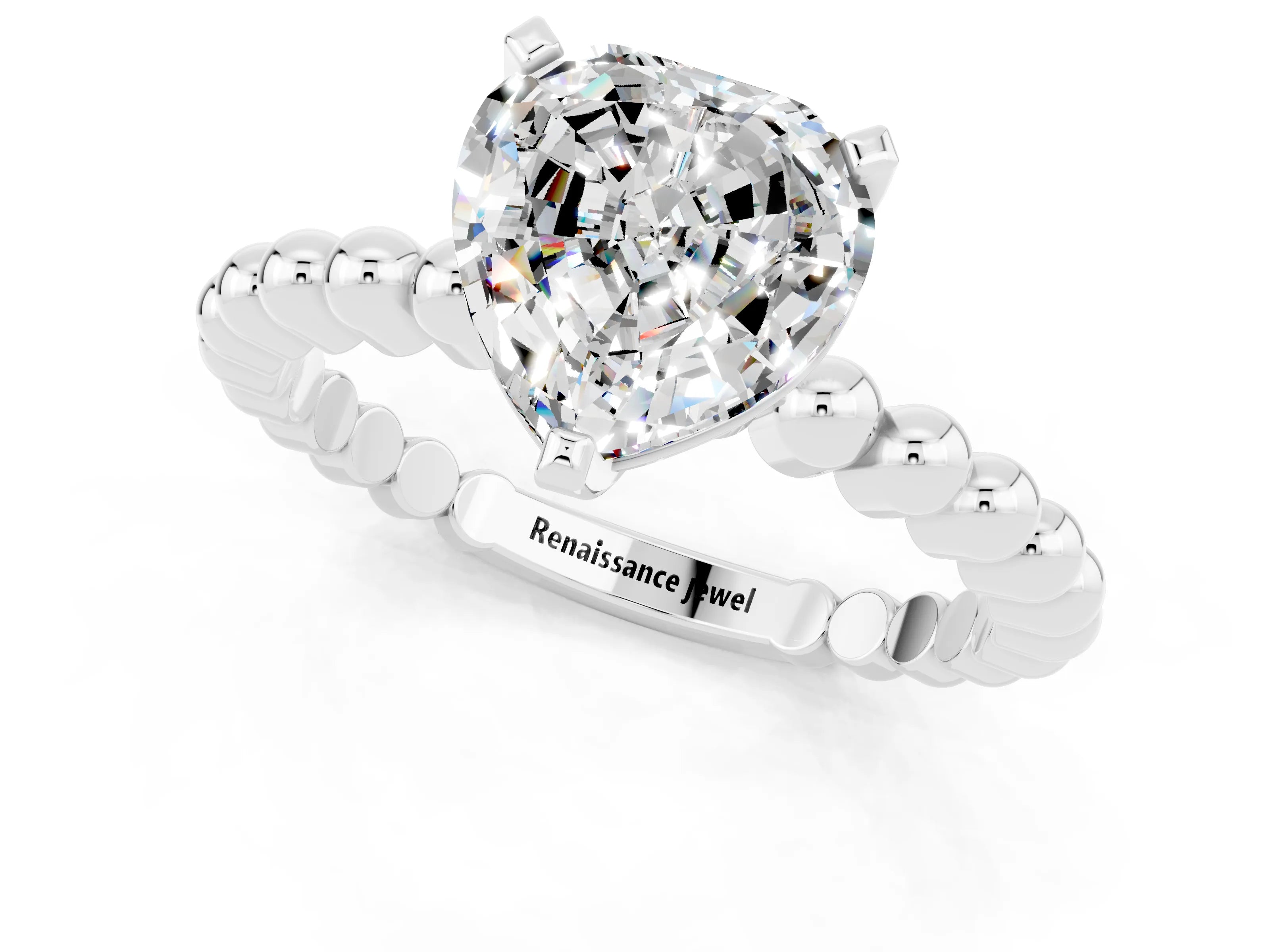 White gold Heart Cut Moissanite Solitaire Ring with Beaded Band and Prong Setting_13