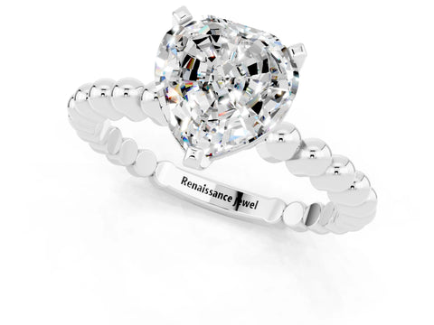 White gold Heart Cut Moissanite Solitaire Ring with Beaded Band and Prong Setting_13