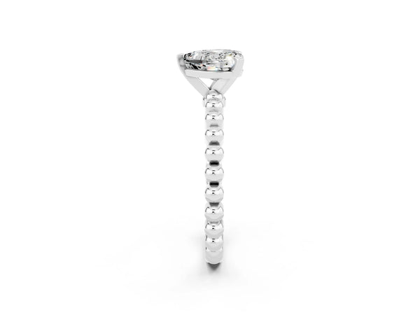 White gold Heart Cut Moissanite Solitaire Ring with Beaded Band and Prong Setting