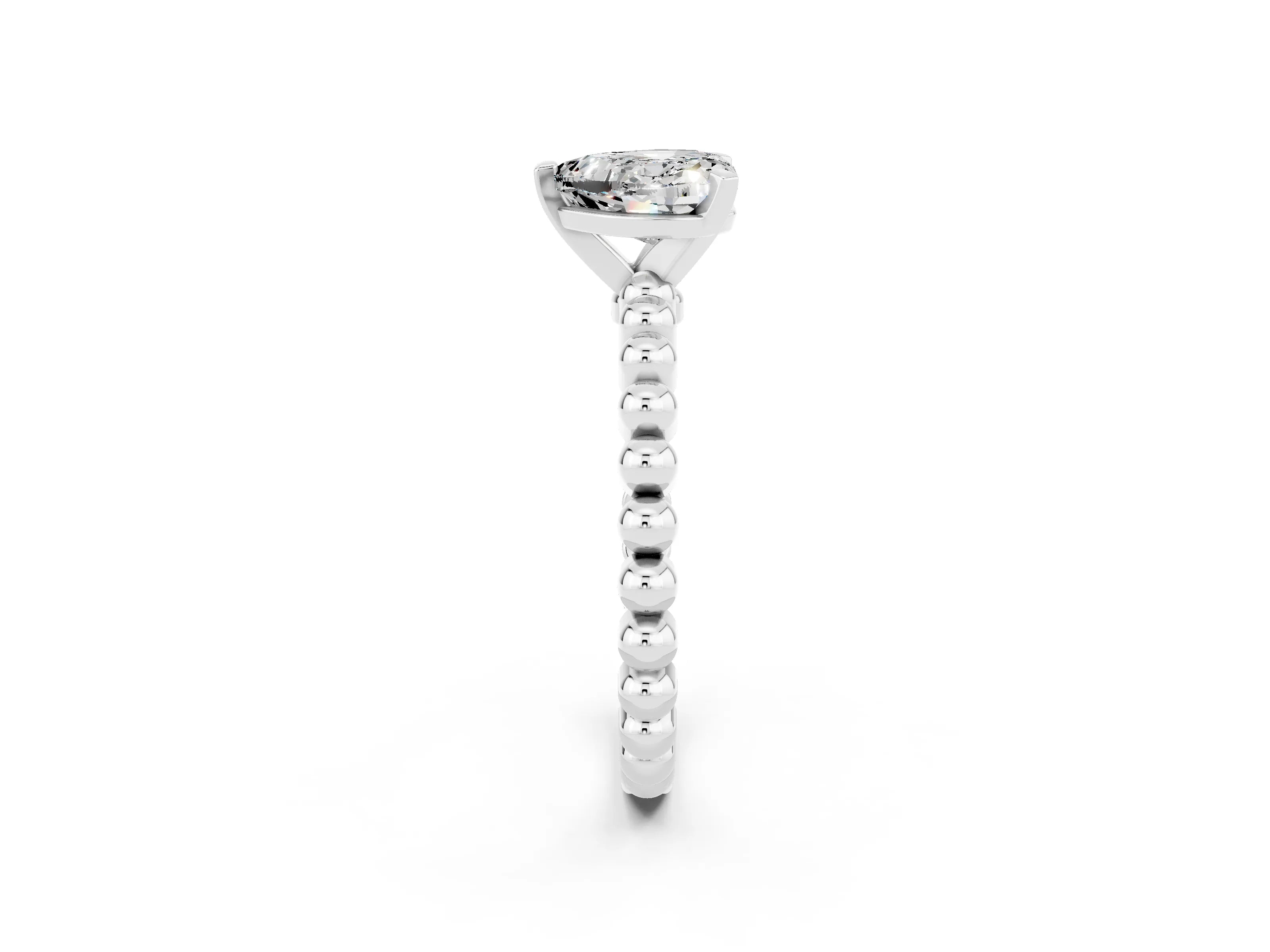 White gold Heart Cut Moissanite Solitaire Ring with Beaded Band and Prong Setting_2