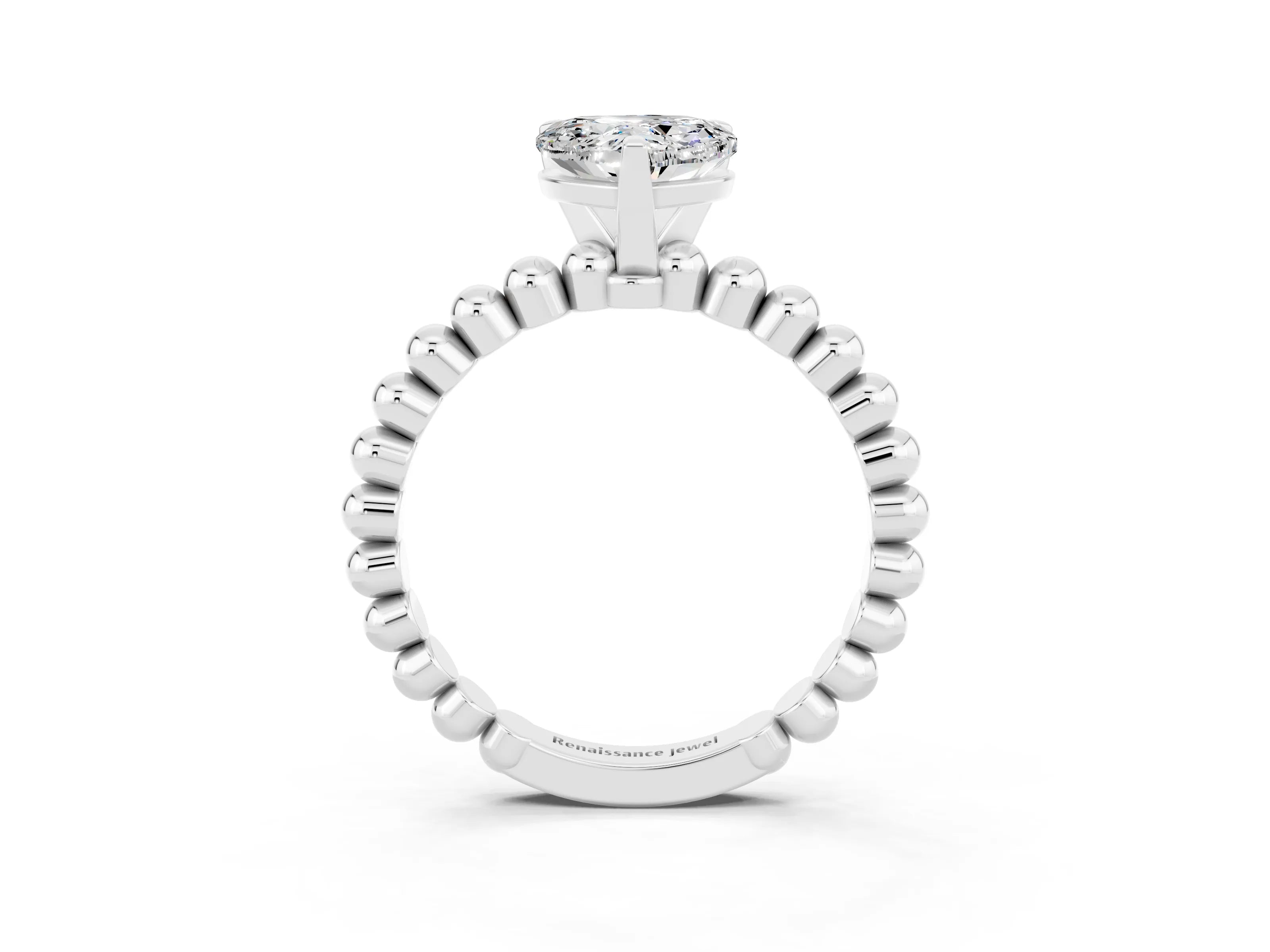 White gold Heart Cut Moissanite Solitaire Ring with Beaded Band and Prong Setting_3