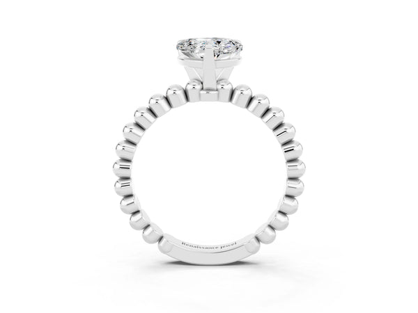 Platinum Heart Cut Moissanite Solitaire Ring with Beaded Band and Prong Setting