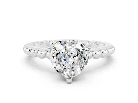 White gold Heart Cut Moissanite Solitaire Ring with Beaded Band and Prong Setting