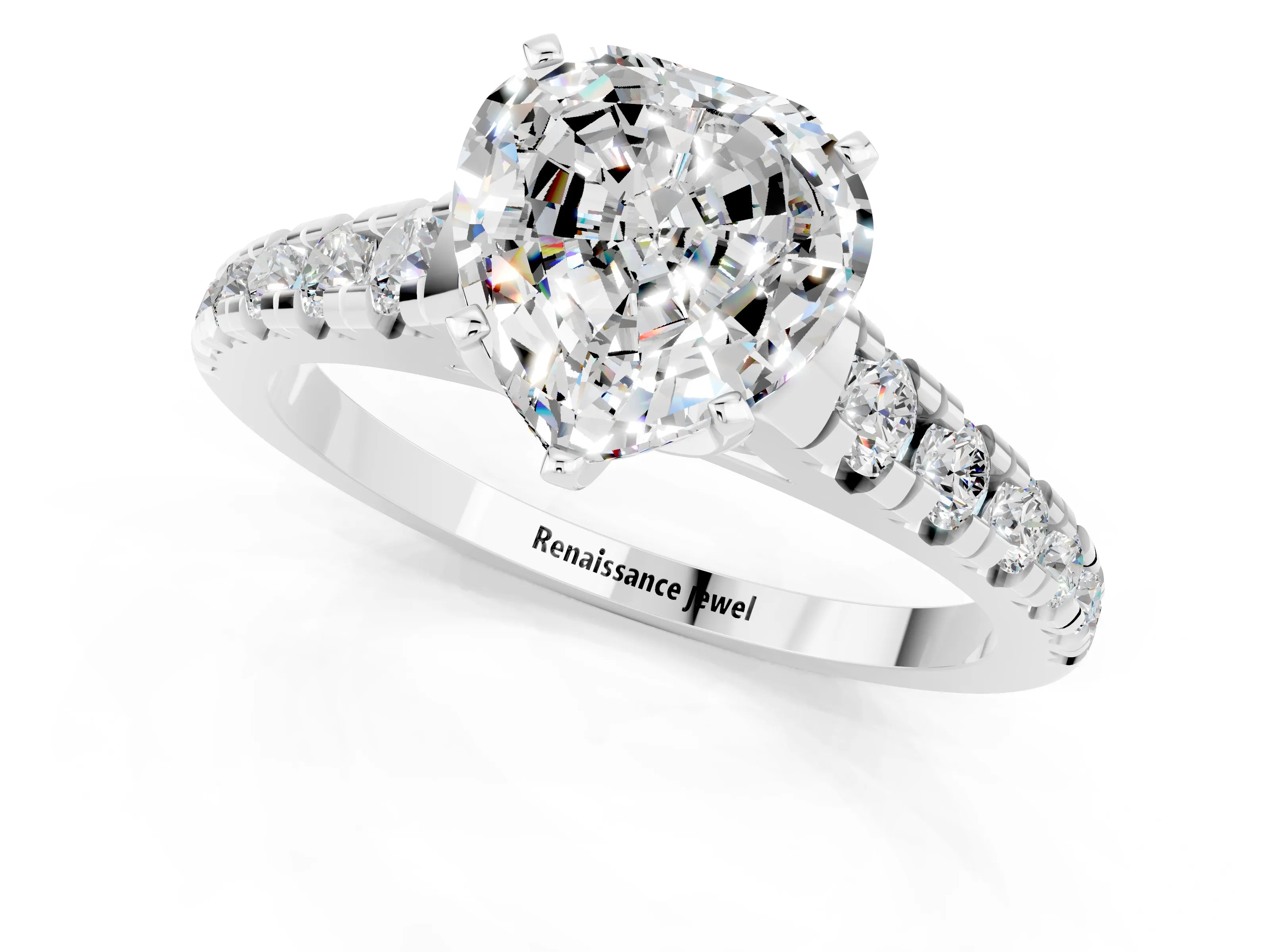 White gold Heart Cut Moissanite Solitaire Ring with Cathedral Setting and Pavé Band_1