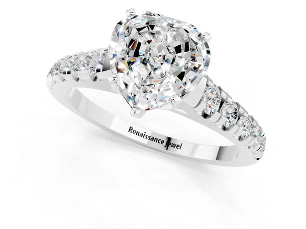 Platinum Heart Cut Moissanite Cathedral Solitaire Ring with Round  Pavé Band