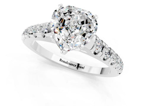 White gold Heart Cut Moissanite Solitaire Ring with Cathedral Setting and Pavé Band_1