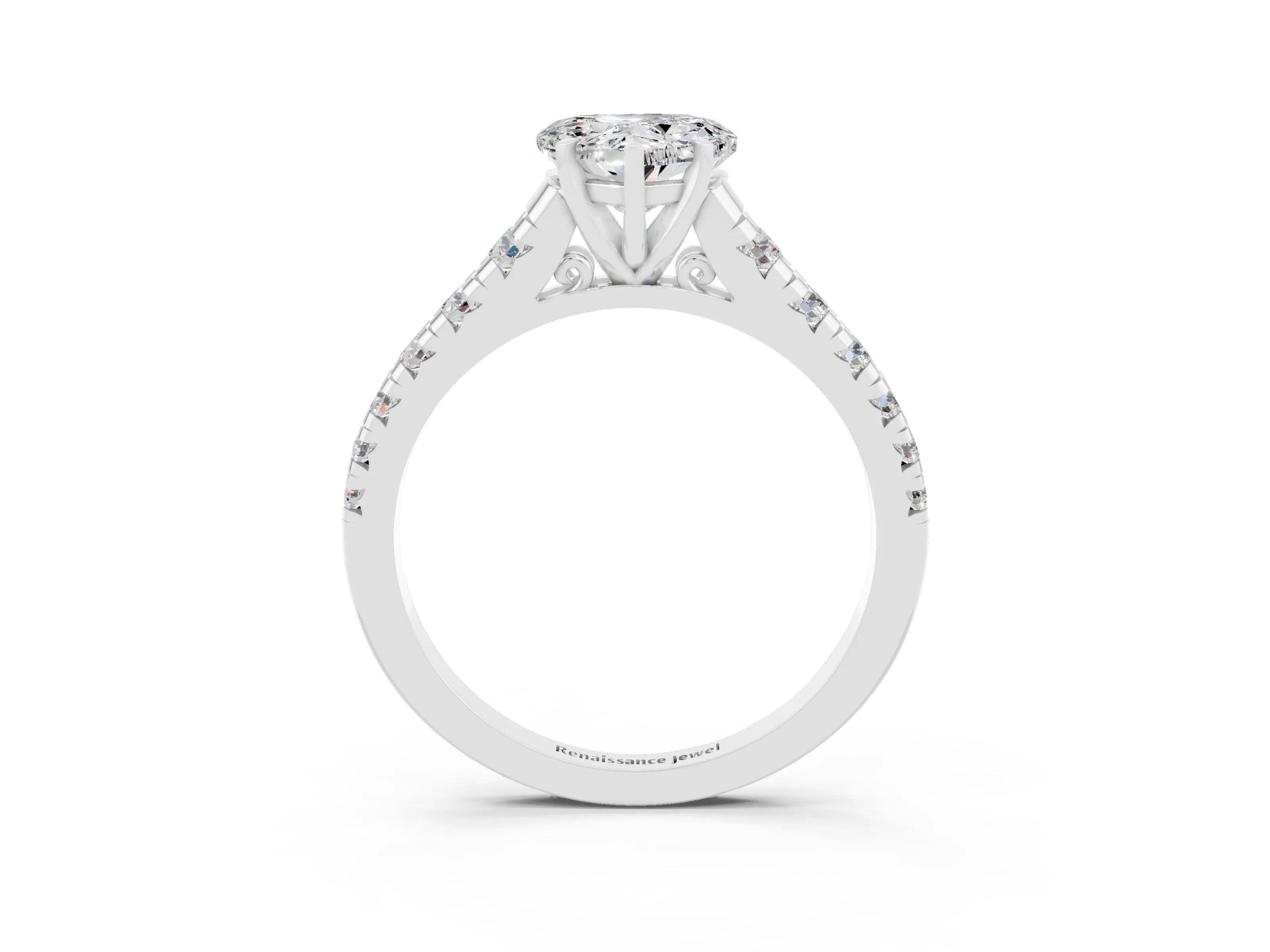 White gold Heart Cut Moissanite Solitaire Ring with Cathedral Setting and Pavé Band_3