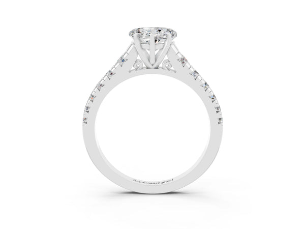Silver Heart Cut Moissanite Cathedral Solitaire Ring with Round  Pavé Band