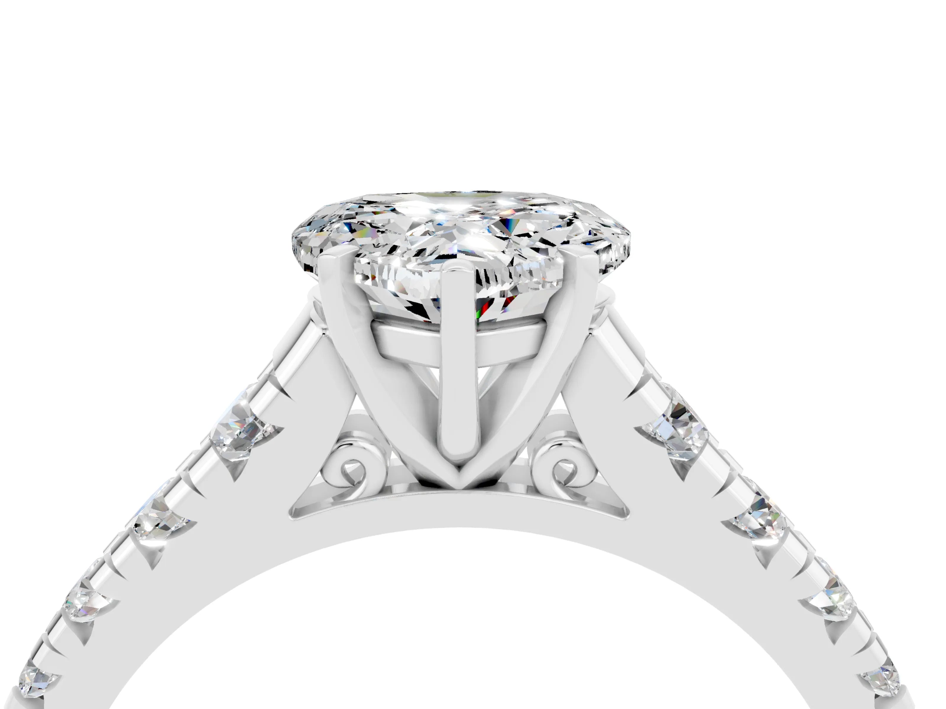White gold Heart Cut Moissanite Solitaire Ring with Cathedral Setting and Pavé Band_4