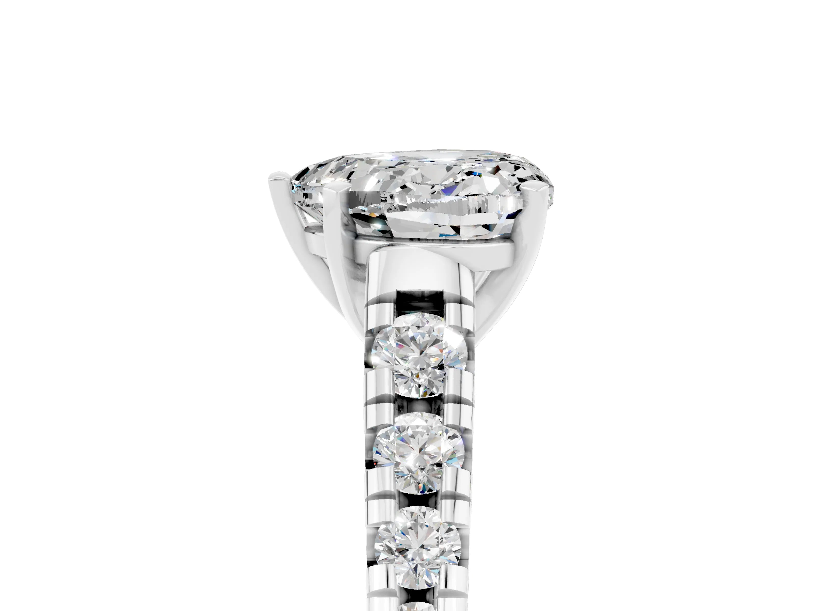 White gold Heart Cut Moissanite Solitaire Ring with Cathedral Setting and Pavé Band_5