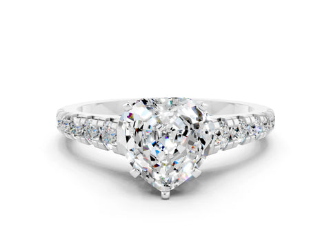 White gold Heart Cut Moissanite Solitaire Ring with Cathedral Setting and Pavé Band