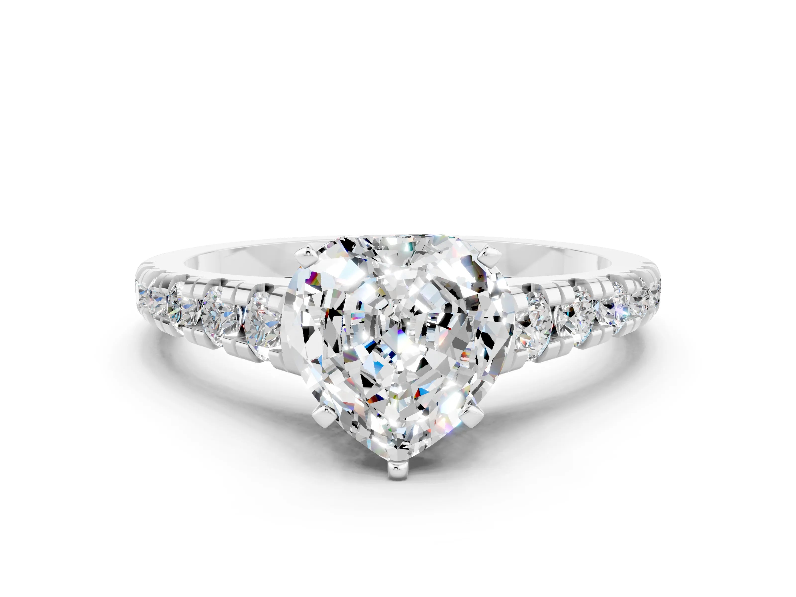 White gold Heart Cut Moissanite Solitaire Ring with Cathedral Setting and Pavé Band