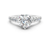 White gold Heart Cut Moissanite Solitaire Ring with Cathedral Setting and Pavé Band