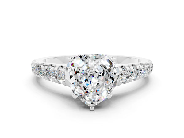 White gold Heart Cut Moissanite Cathedral Solitaire Ring with Round  Pavé Band