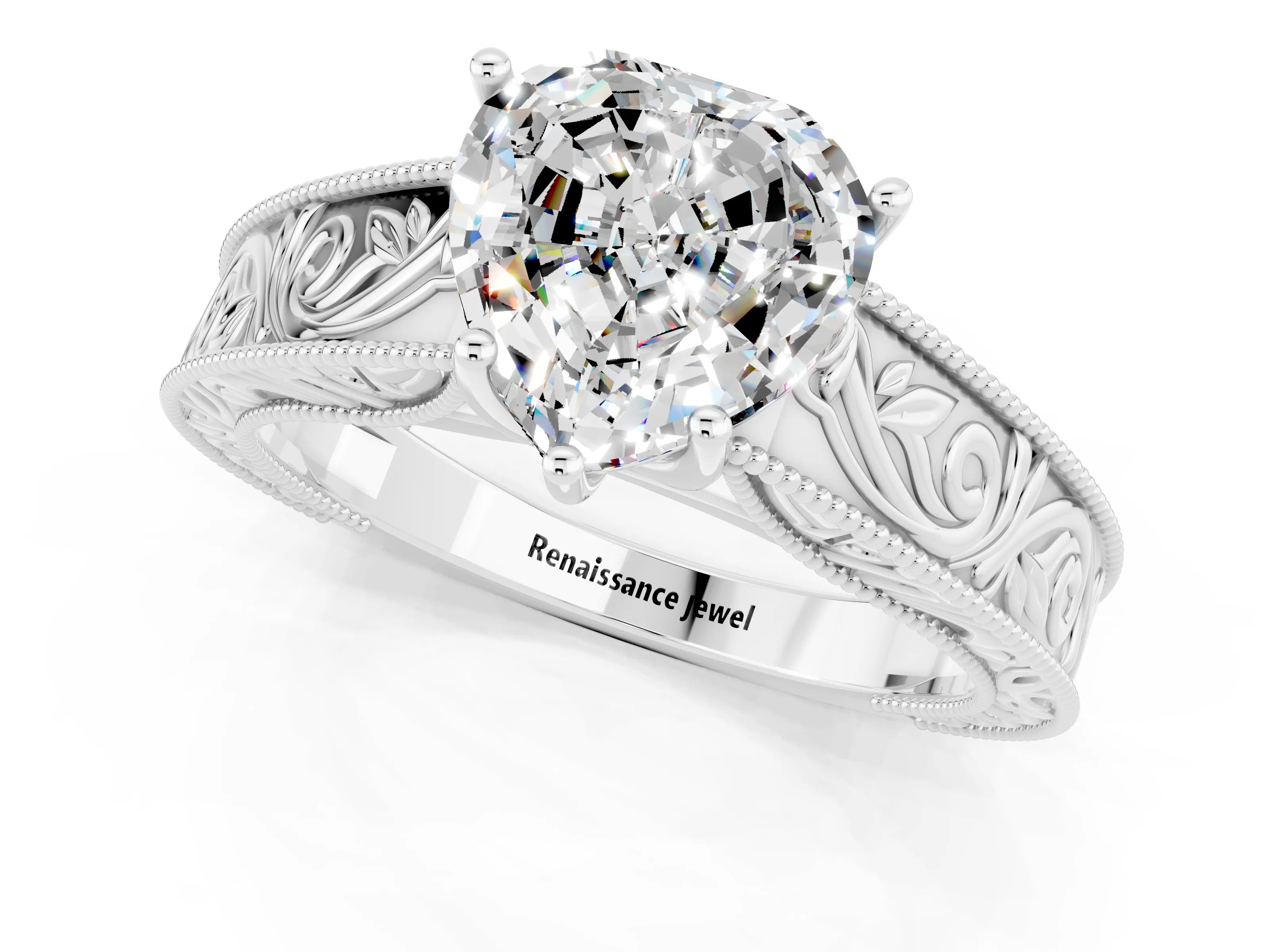 White gold Heart Cut Moissanite Solitaire Ring with Engraved Band and Four-Prong Setting_1