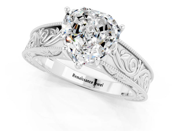 Silver Heart Cut Moissanite Solitaire Ring with Engraved Band and Four-Prong Setting