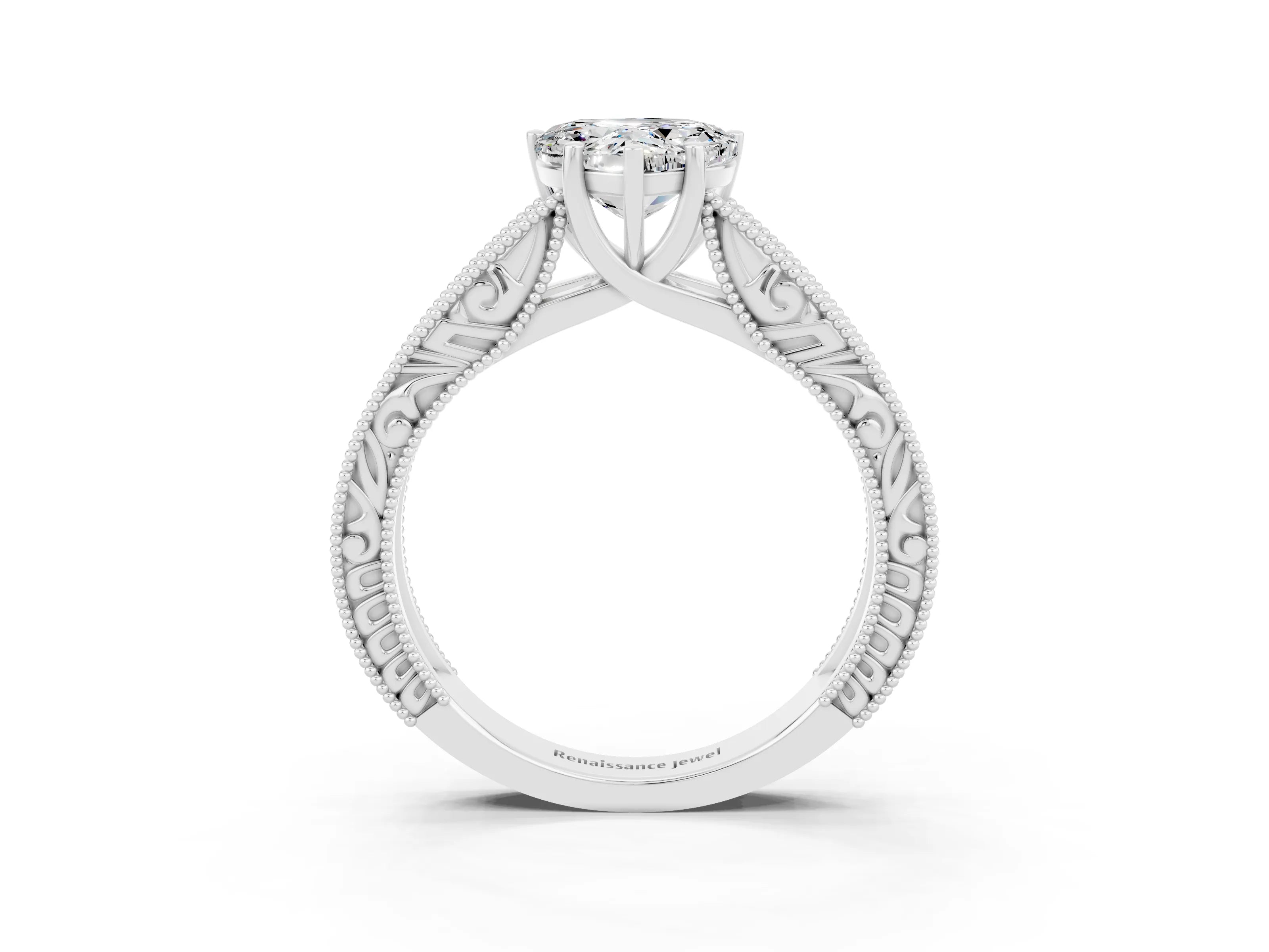 White gold Heart Cut Moissanite Solitaire Ring with Engraved Band and Four-Prong Setting_3