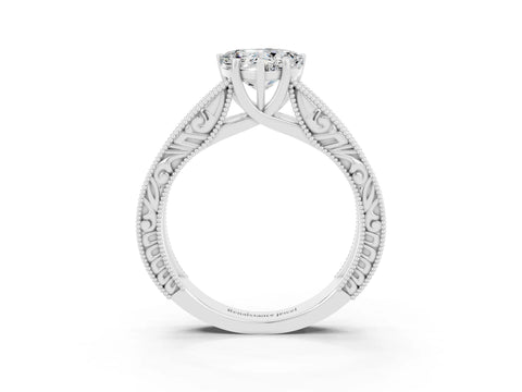 White gold Heart Cut Moissanite Solitaire Ring with Engraved Band and Four-Prong Setting_3