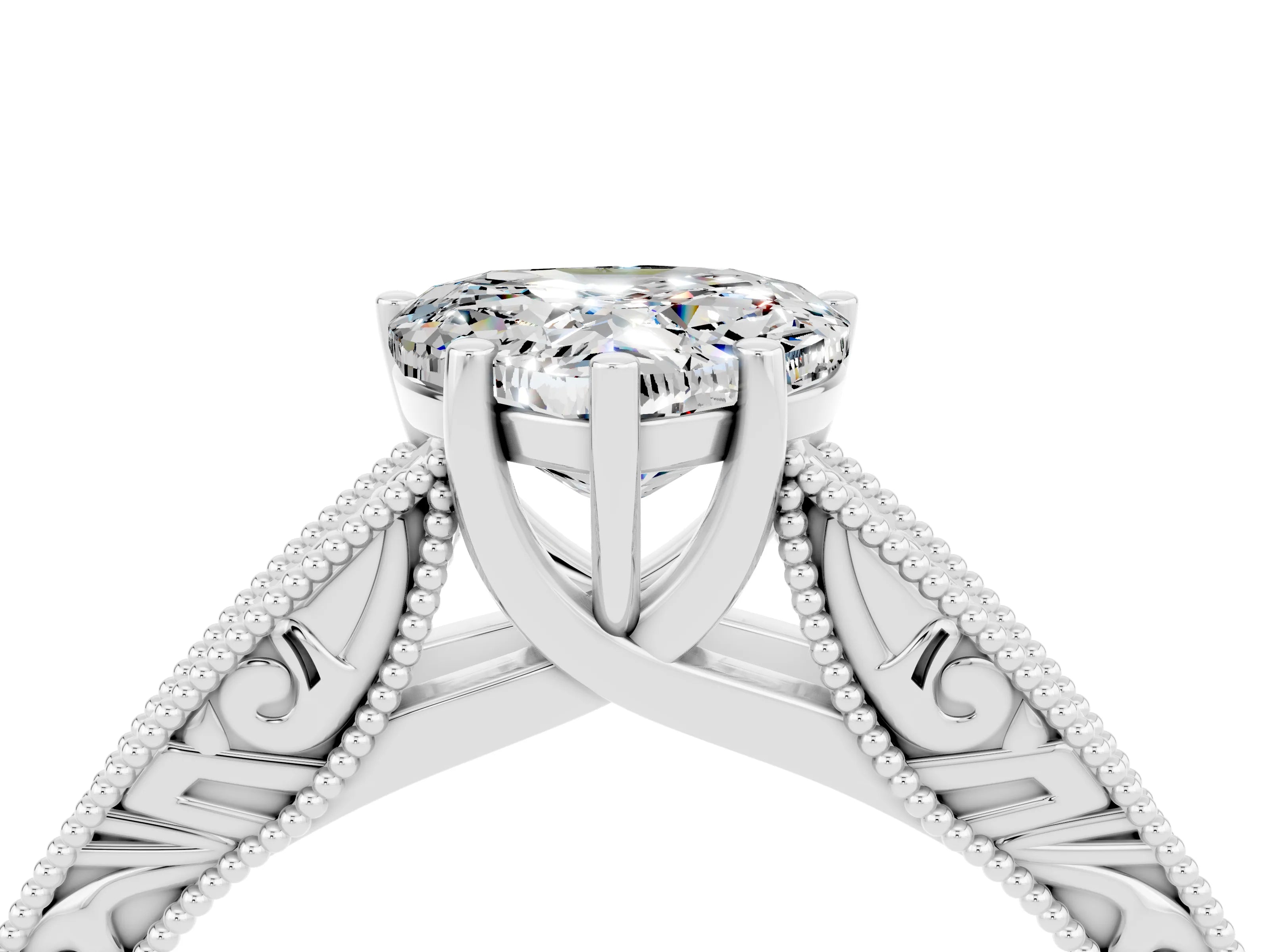 White gold Heart Cut Moissanite Solitaire Ring with Engraved Band and Four-Prong Setting_4