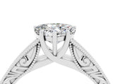 Silver 1.00 Carat Heart Moissanite Solitaire Ring with Engraved Band and Four-Prong Setting