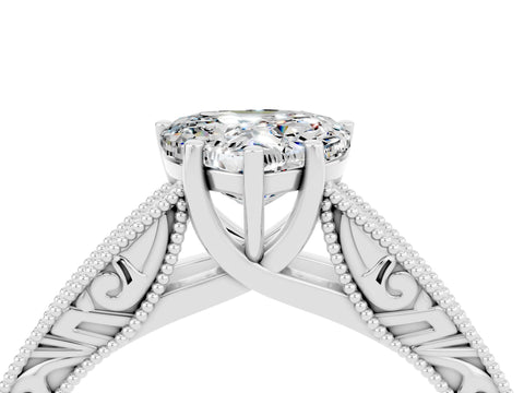 White gold Heart Cut Moissanite Solitaire Ring with Engraved Band and Four-Prong Setting_4