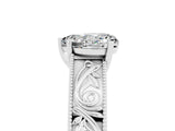 Silver 1.00 Carat Heart Moissanite Solitaire Ring with Engraved Band and Four-Prong Setting