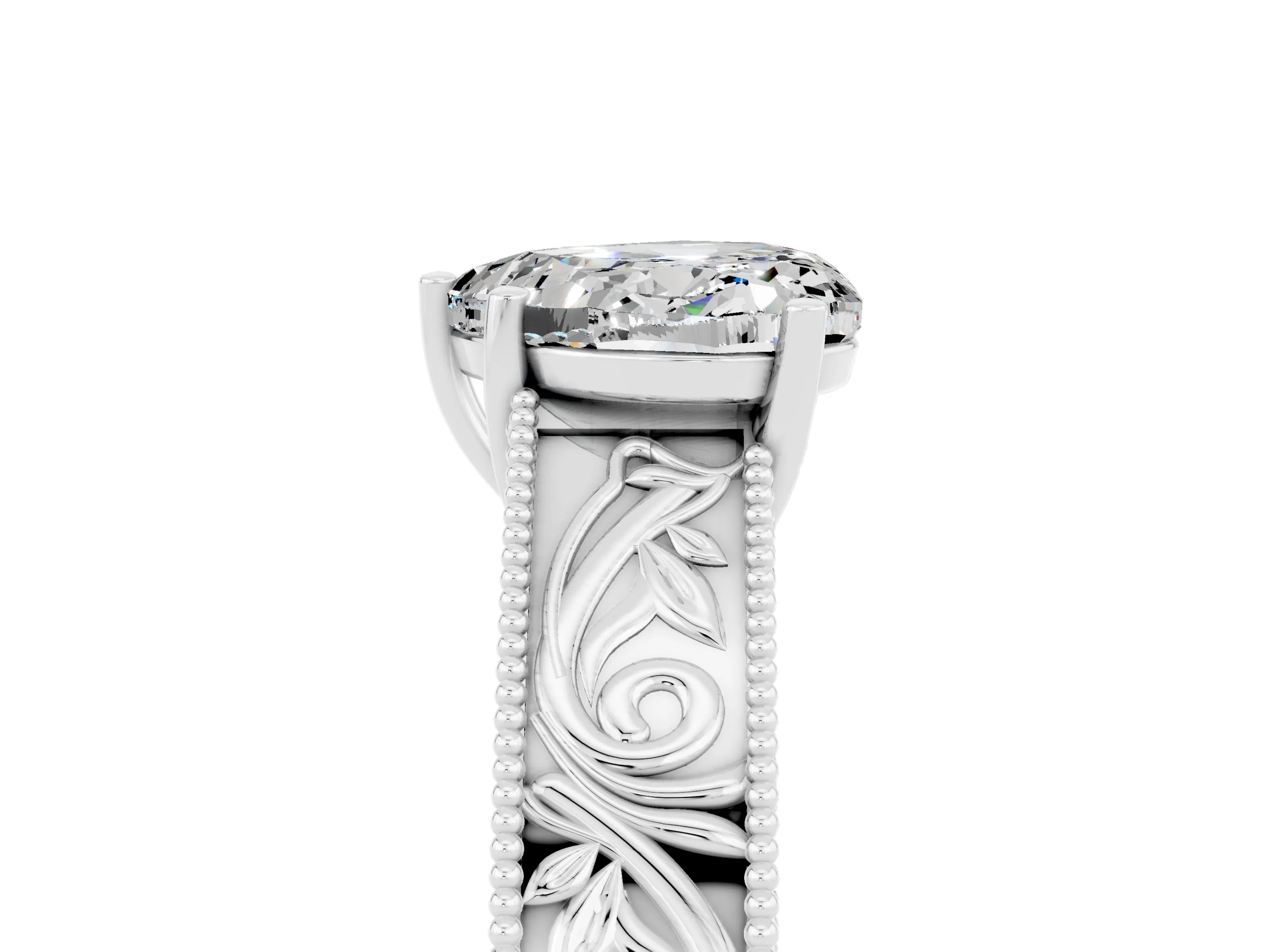 White gold Heart Cut Moissanite Solitaire Ring with Engraved Band and Four-Prong Setting_5