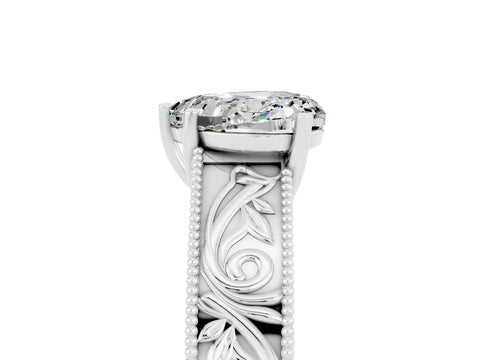 White gold Heart Cut Moissanite Solitaire Ring with Engraved Band and Four-Prong Setting_5