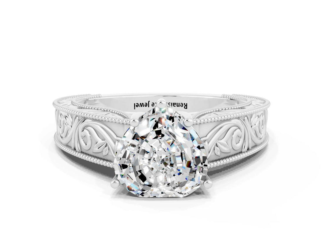 Silver 1.00 Carat Heart Moissanite Solitaire Ring with Engraved Band and Four-Prong Setting